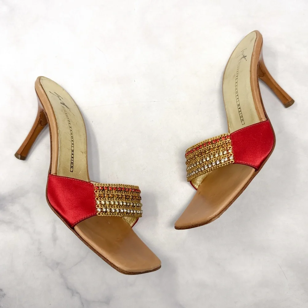 Giuseppe Zanotti Vicini Vintage Y2K Rhinestone Square Toe Slide Mule Sandal Heel